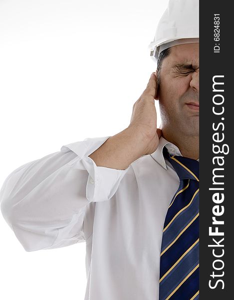 Architect with closed eyes and hand on his ear on  an isolated white background