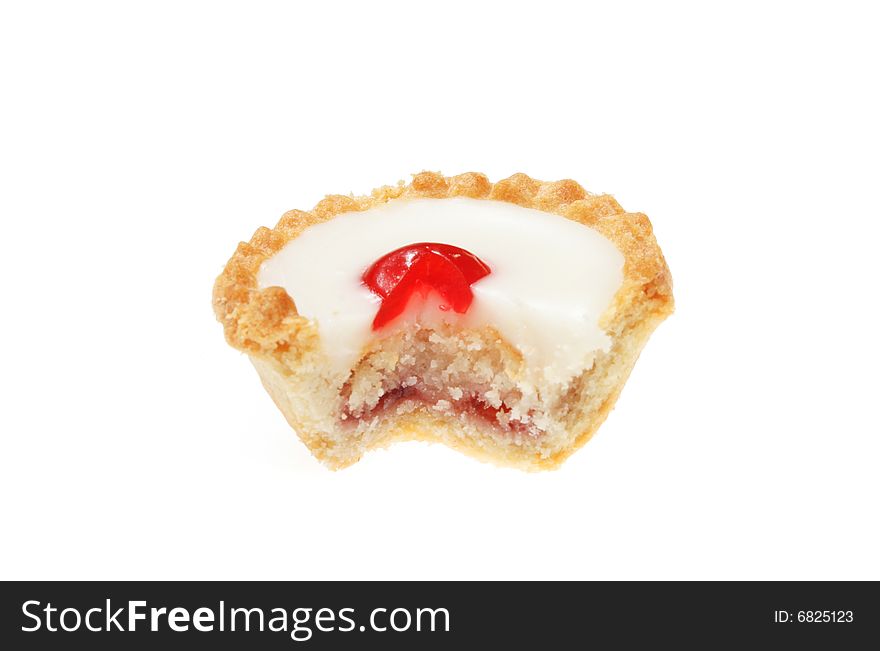 Cherry bakewell tart with slice cut out. Cherry bakewell tart with slice cut out