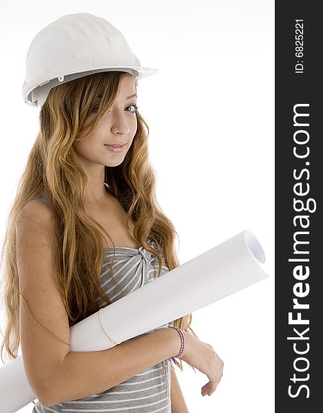 Young female architect holding blue prints on  an isolated white background