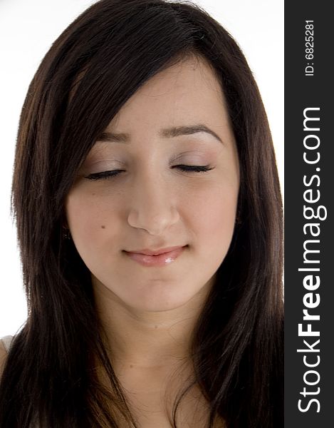 Close up of pretty brunette female on  an isolated white background