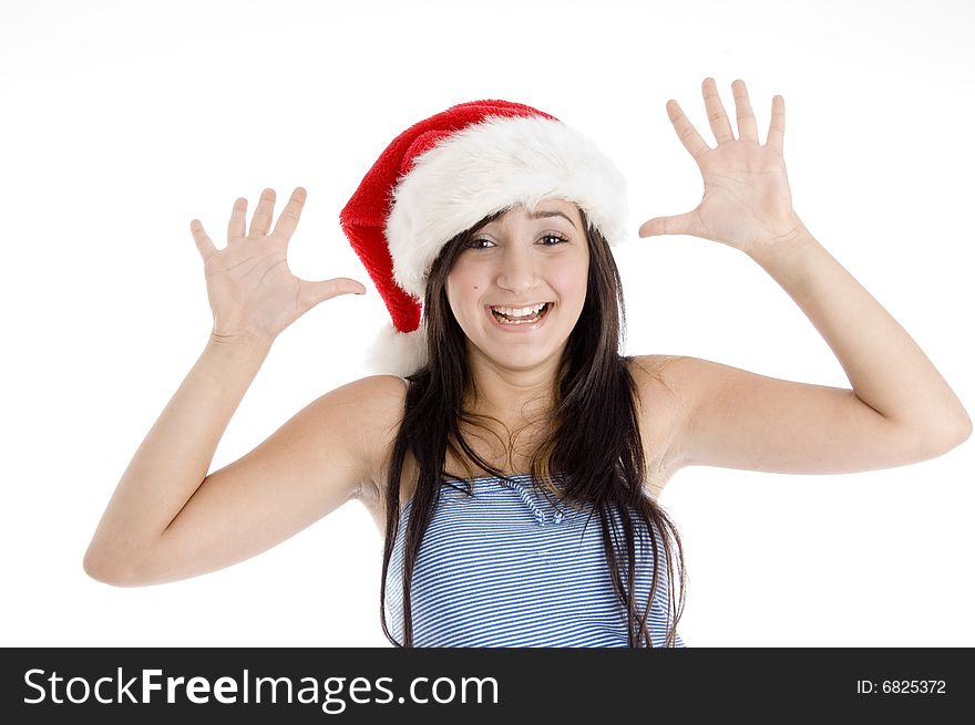 Smiling young girl showing her palms on  an isolated white background. Smiling young girl showing her palms on  an isolated white background