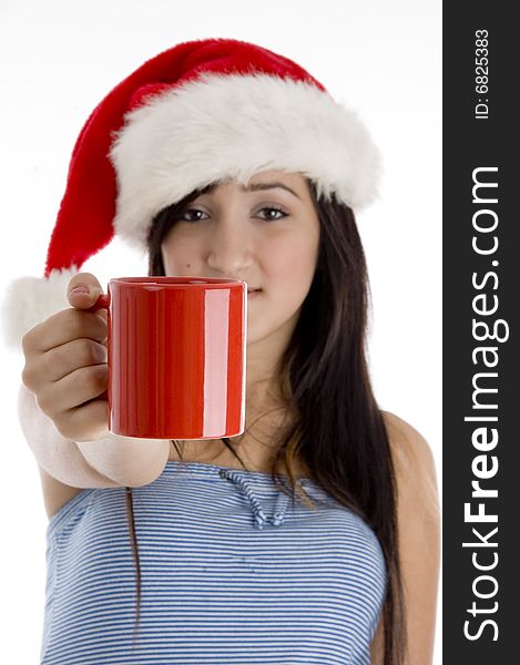 Girl showing coffee mug