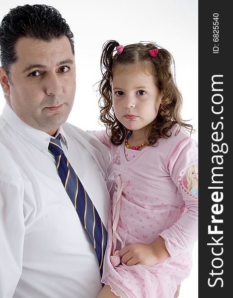 Father with his daughter and looking to camera on an isolated white background