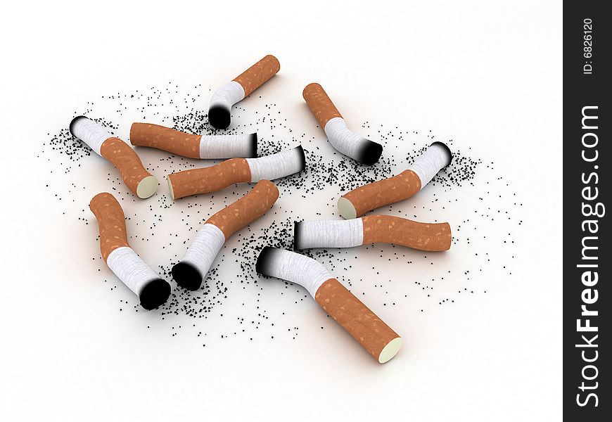 Used cigarette butts with ash on white background