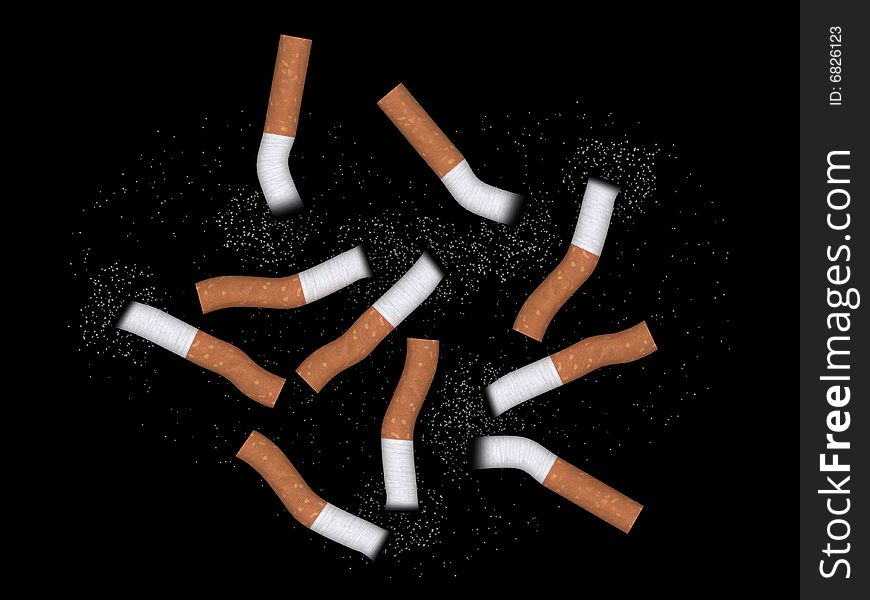 Used cigarette butts with ash on black background