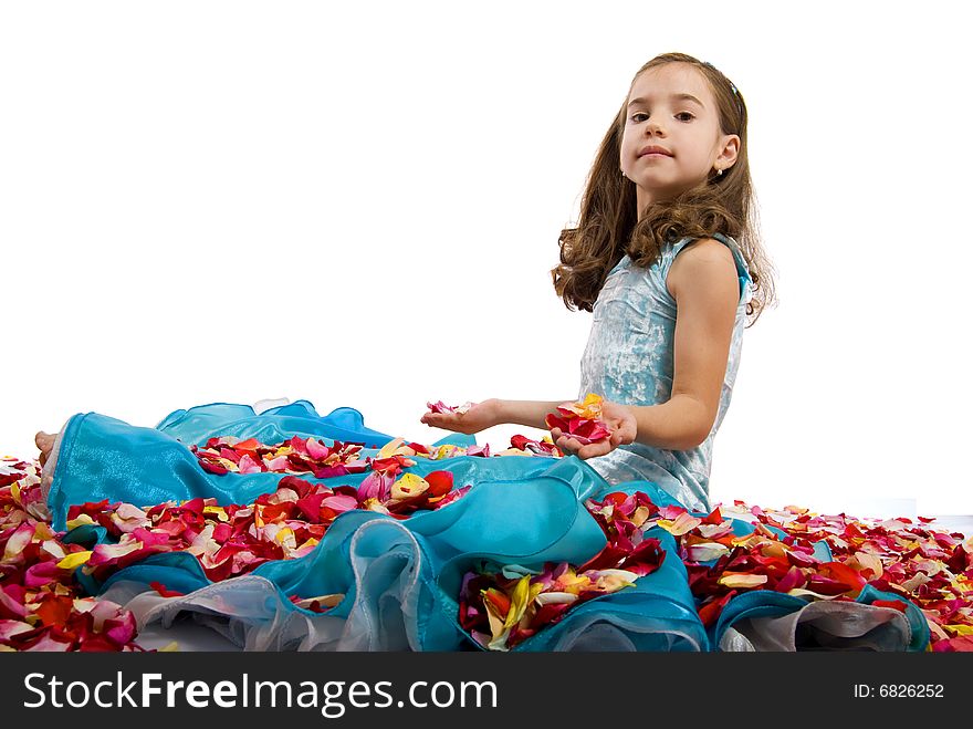 Little Princess in Blue Dress and Roses  Petals