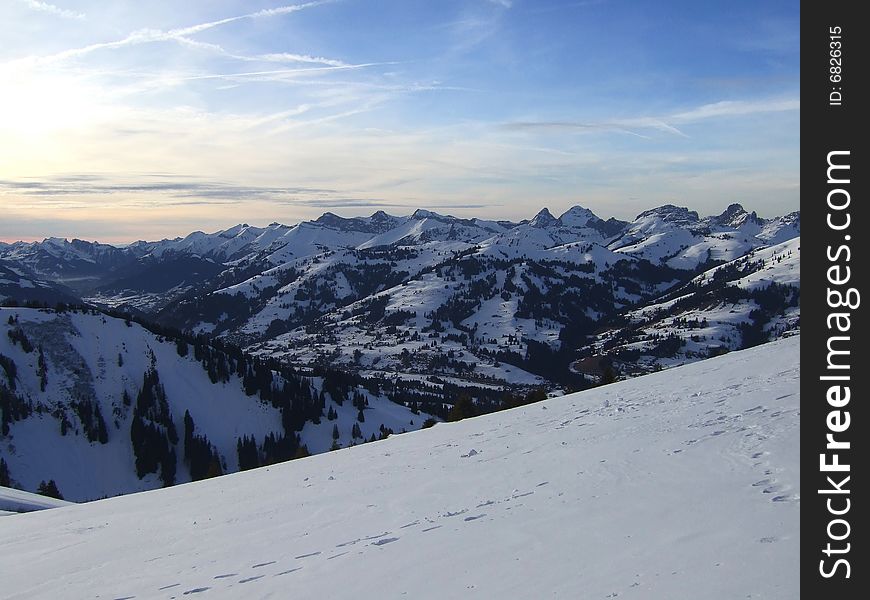 Sunset in mountain region, Switzerland