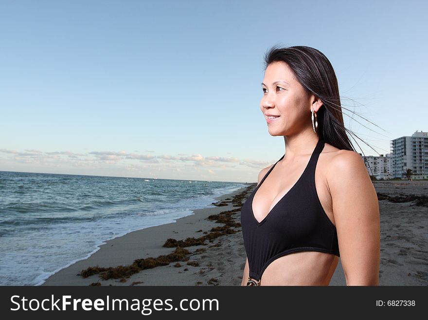 Beautiful Vietnamese model looking out at the ocean. Beautiful Vietnamese model looking out at the ocean