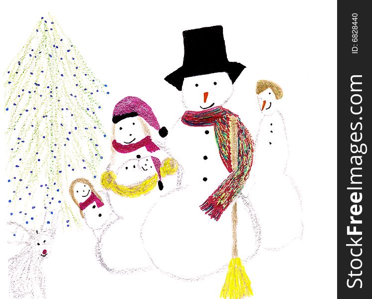 Snowman, wife, son, little girl and baby wintertime scene. Snowman, wife, son, little girl and baby wintertime scene