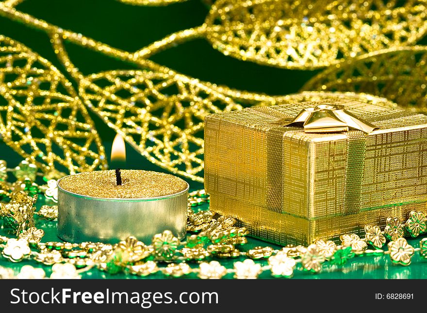 Golden Gift Box And Candle