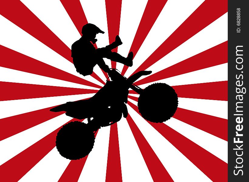 Black biker silhouette with red and white burst background. Black biker silhouette with red and white burst background.