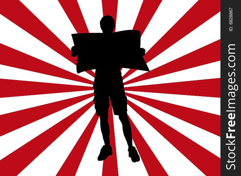 Black silhouette of a person holding a blank sign with red and white burst background. Black silhouette of a person holding a blank sign with red and white burst background.