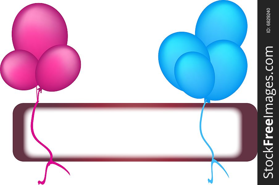 Two clusters of balloons tied to a banner. Two clusters of balloons tied to a banner