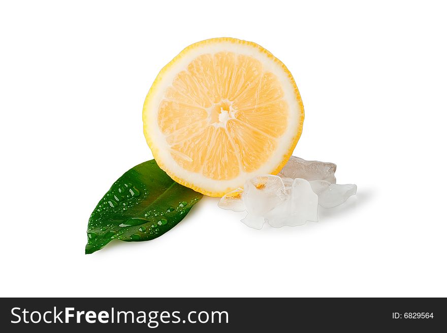 One slice of lemon with ice and green leaf, isolated on white background