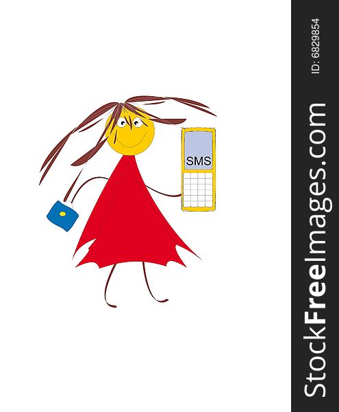 Merry girl in red dress with the dark blue handbag. White background. Abstract picture. Merry girl in red dress with the dark blue handbag. White background. Abstract picture.