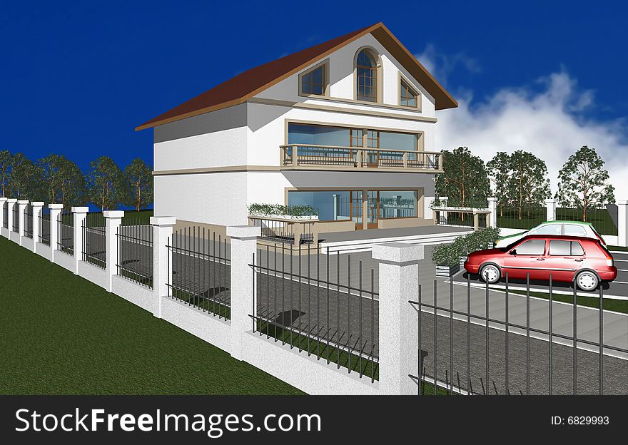 3D render of modern house isolated over blue sky and clouds