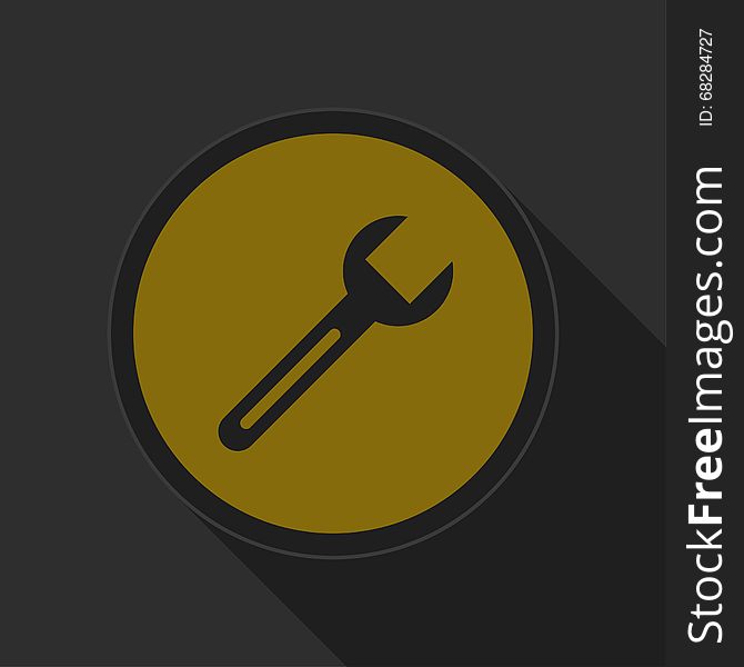 Dark gray and yellow icon - spanner on circle with long shadow