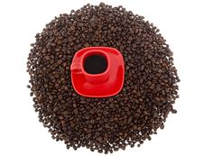 Coffee, Red Cup With Coffee Beans Stock Photo Coffee, Red Cup With Coffee Beans Stock Photo
