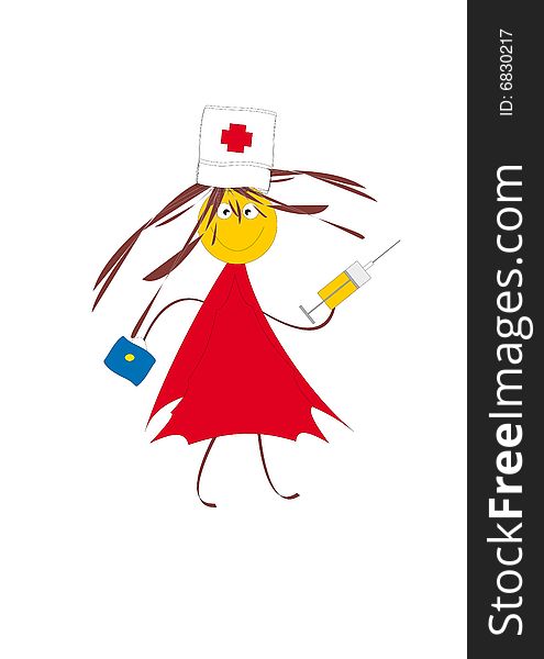 Girl with a syringe. Merry girl in red dress with the dark blue handbag. White background. Abstract picture. Girl with a syringe. Merry girl in red dress with the dark blue handbag. White background. Abstract picture.