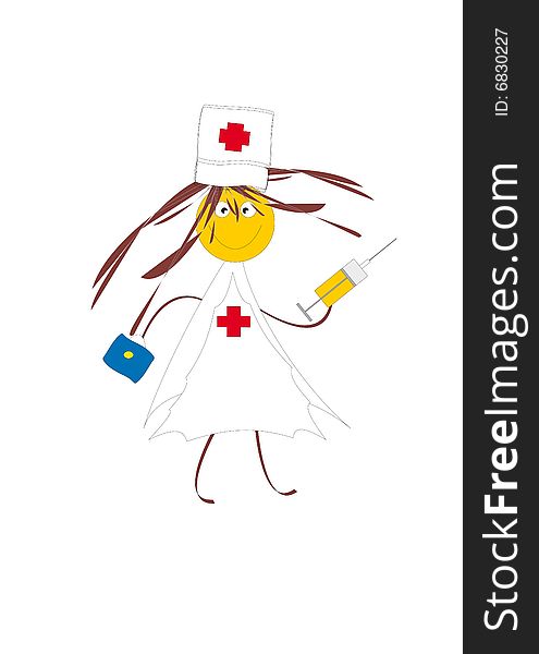 White uniform of doctor. Merry girl with the dark blue handbag. White background. Abstract picture.