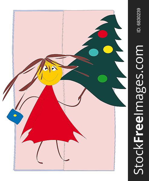 Merry girl in red dress with fir-tree on a pink background. Merry girl in red dress with fir-tree on a pink background.