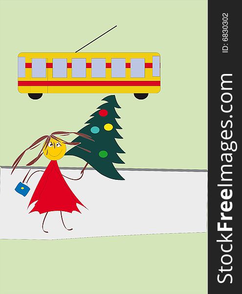 Merry girl carries a new-year tree on a city street. Christmas postal. Merry girl carries a new-year tree on a city street. Christmas postal.