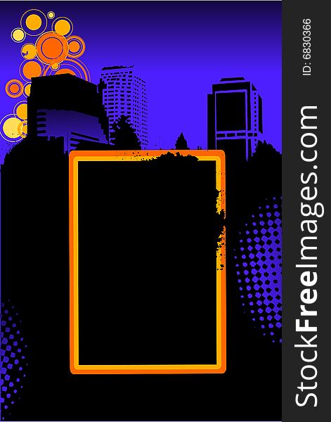 Abstract cityscape night skyline with grunge and retro frame for text. Abstract cityscape night skyline with grunge and retro frame for text