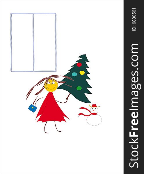 Merry girl in red dress with fir-tree on a white background. Merry girl in red dress with fir-tree on a white background.