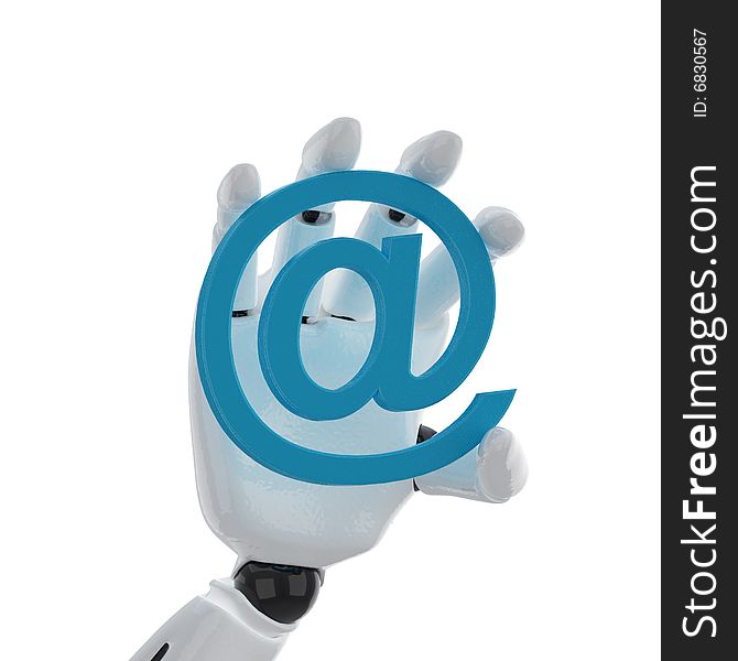 3d robotic hand hold a email at symbol. 3d robotic hand hold a email at symbol