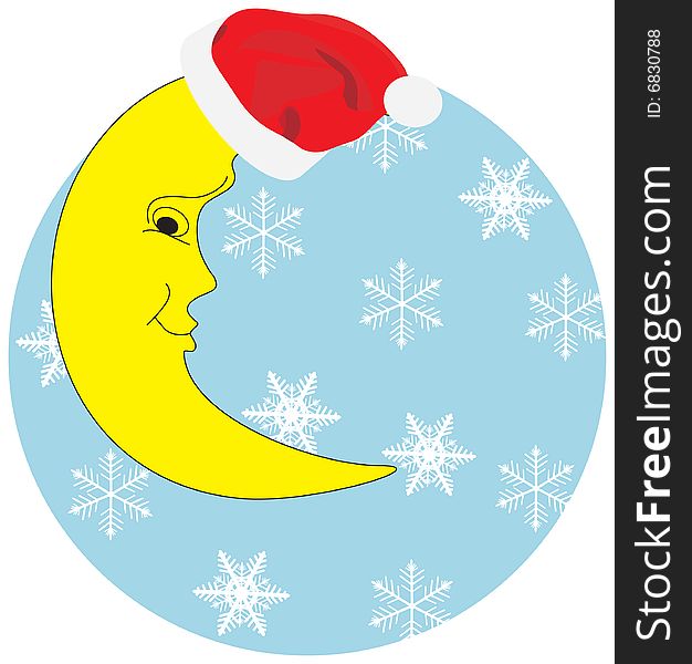 Christmas Half Moon In A Hat Against Snowflakes