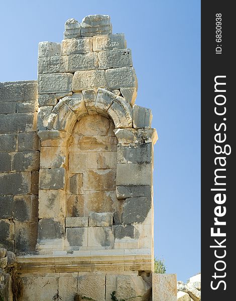 Arc at ruins of Lycian theater in Myra, Turkey.
