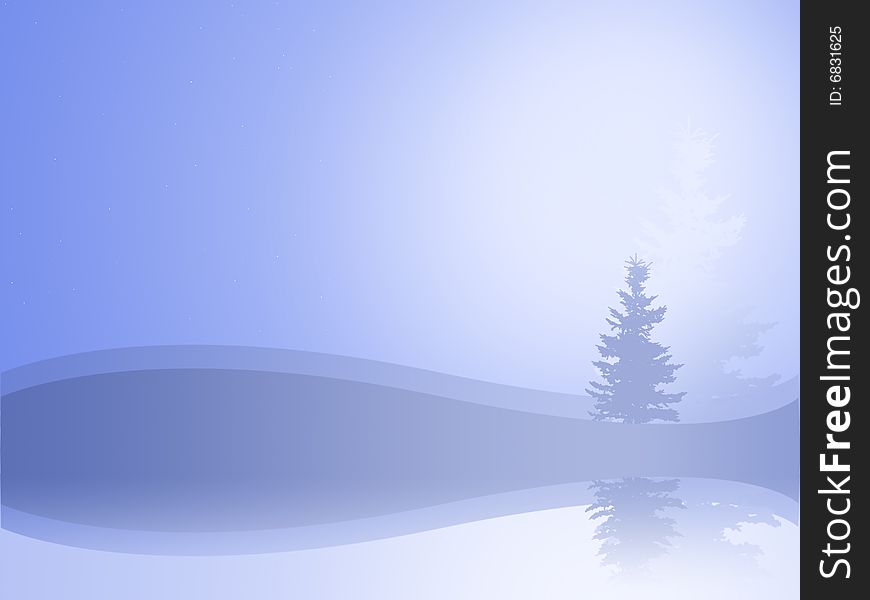 Winter scene illustration with christmas trees on a snowy hillside