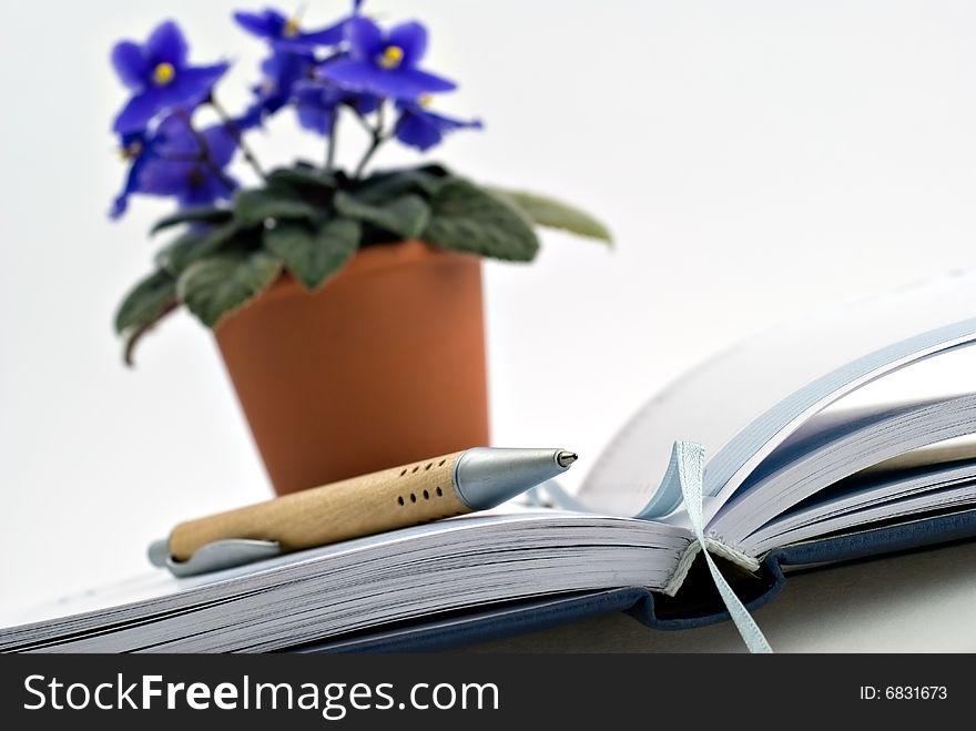 Diary and pencil with flower in the background. Diary and pencil with flower in the background