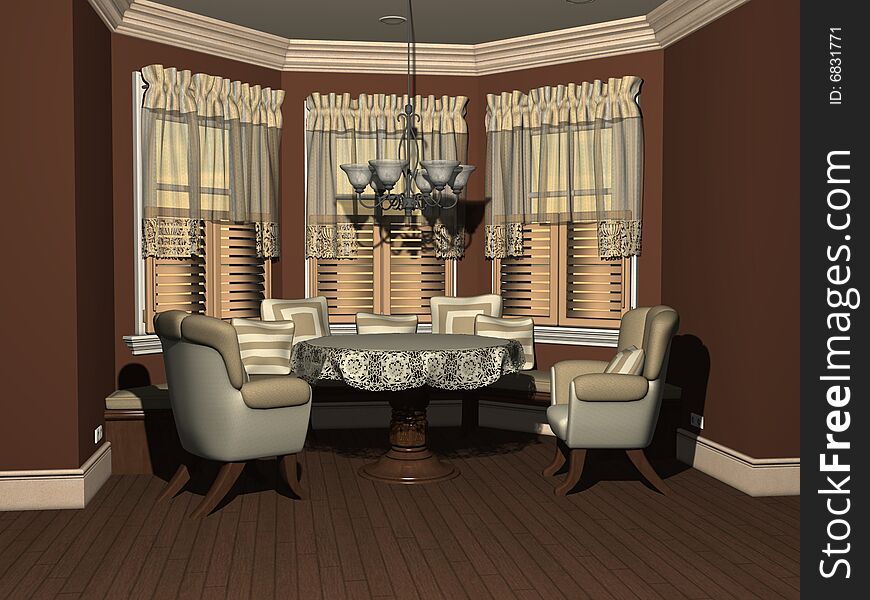 Modern furniture in the breakfast nook of a suburban home.  Computer Generated Image, 3d models.
