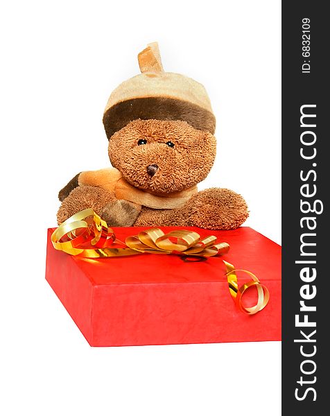 Teddy bear with gift box over white