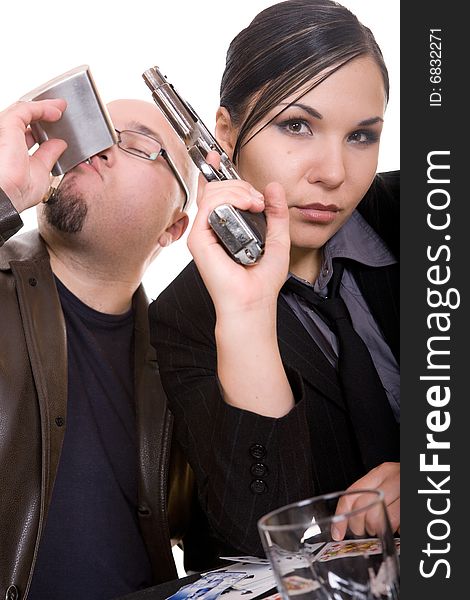 Man and woman with gun. over white background. Man and woman with gun. over white background
