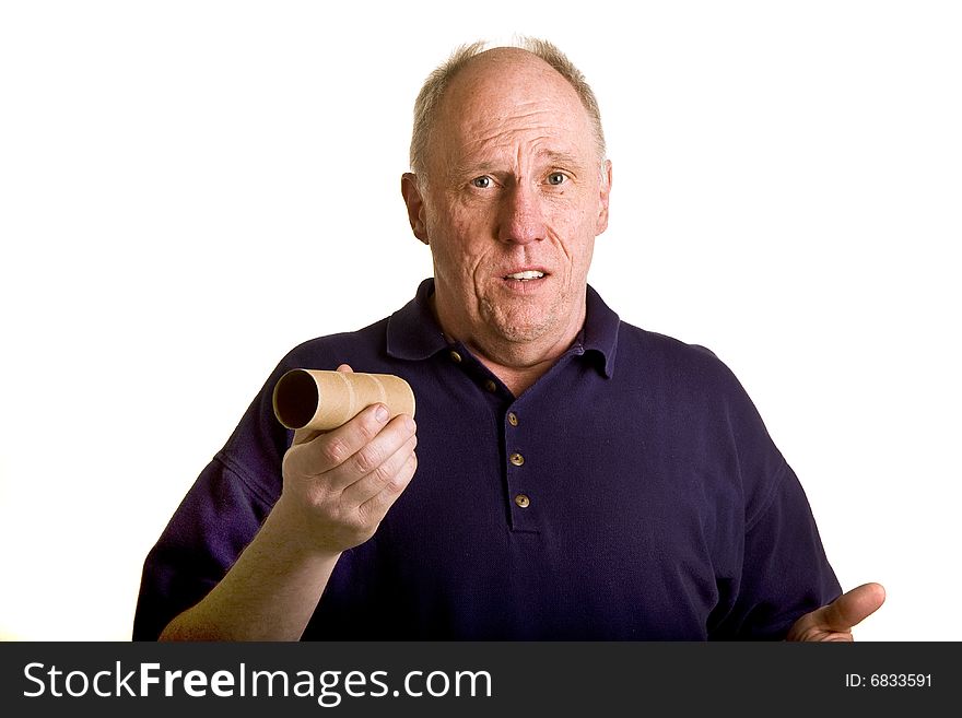 An old bald guy holding an empty toilet paper roll. An old bald guy holding an empty toilet paper roll