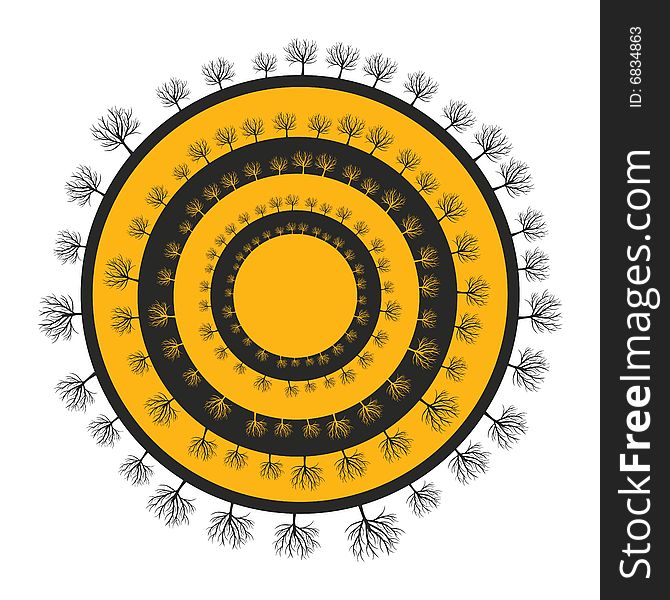 Vector illustration of trees silhouettes around black and yellow circles. Vector illustration of trees silhouettes around black and yellow circles