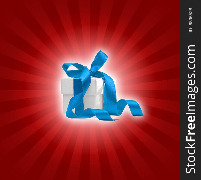 Present box with blue ribbon and colored background. Present box with blue ribbon and colored background