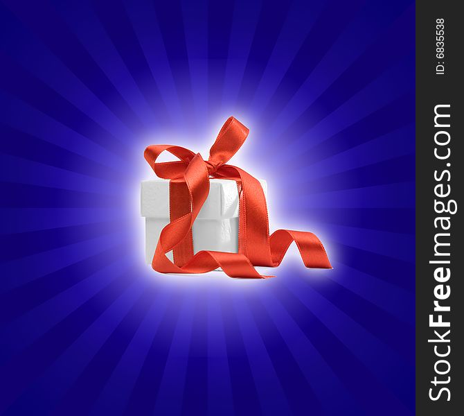 Present box with red ribbon and blue background. Present box with red ribbon and blue background