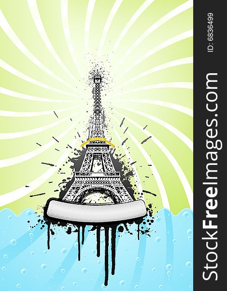 Vector illustration of the Eiffel tower in paris with ink splatter grunge explosions, stylish sea with bubbles and spiral sky. Metal board with bolts for custom design. Vector illustration of the Eiffel tower in paris with ink splatter grunge explosions, stylish sea with bubbles and spiral sky. Metal board with bolts for custom design.