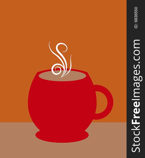 Red coffee mug on a brown and orange background.