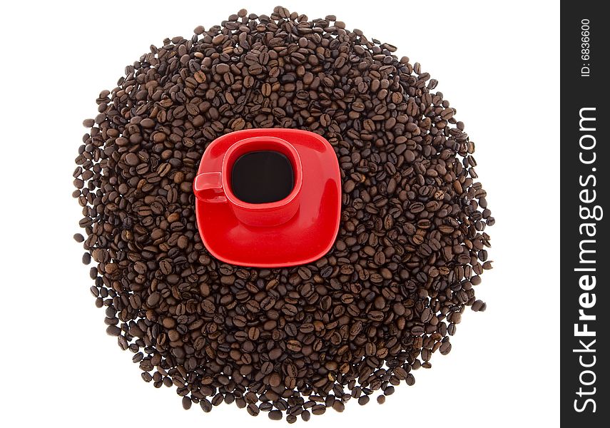 Coffee, red cup with coffee beans, symbolizes flavor of fresh