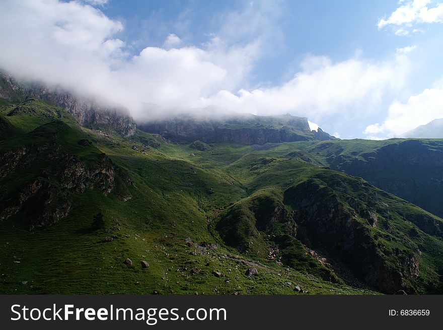 Beautiful green mountains near Elbrus (Northern Caucasia).