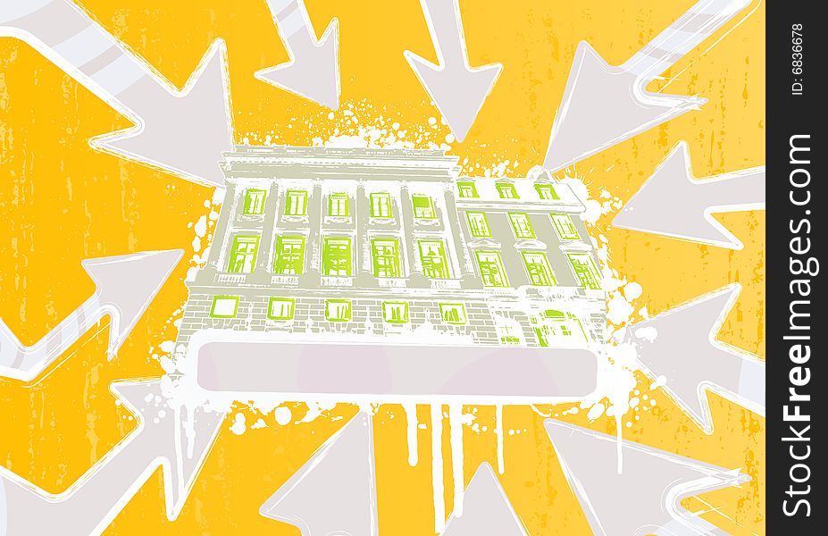 Vector illustration of a grungy bright colored historic building trace with event location arrows pointing to the center. Vector illustration of a grungy bright colored historic building trace with event location arrows pointing to the center.