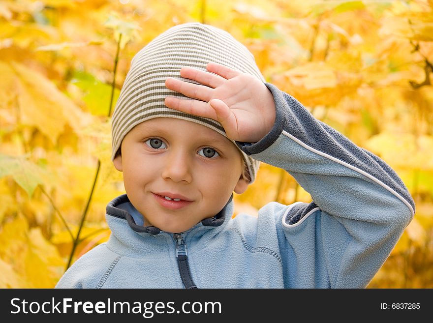 3 years old boy gesturing in autumnal scenery. 3 years old boy gesturing in autumnal scenery