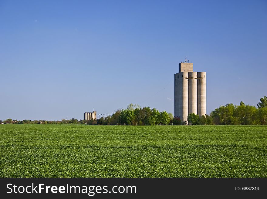 Two grain silos in the cereal fields and trees. Two grain silos in the cereal fields and trees.