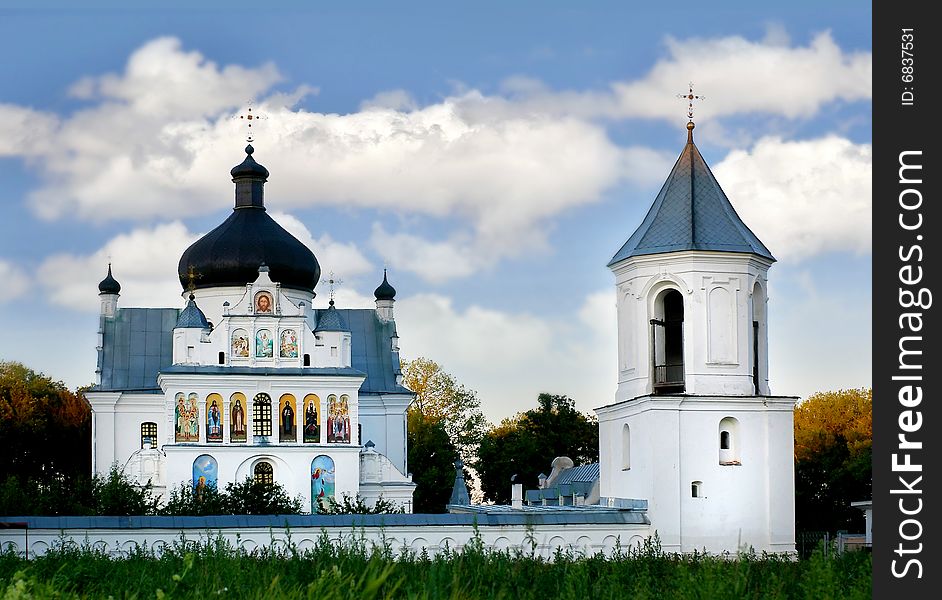 Orthodox monastery on sky background