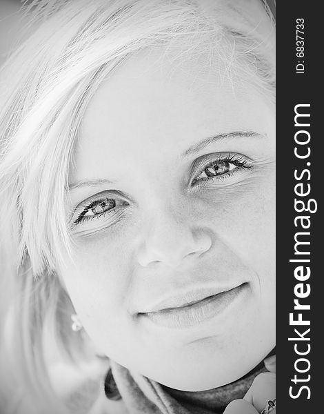 Pretty young smiling girl black and white portrait. Pretty young smiling girl black and white portrait