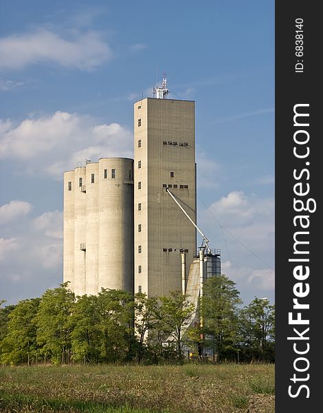 Grain silo in the cereal fields and trees.